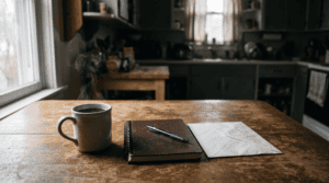 How to spend less money: coffee and a notebook on a kitchen table
