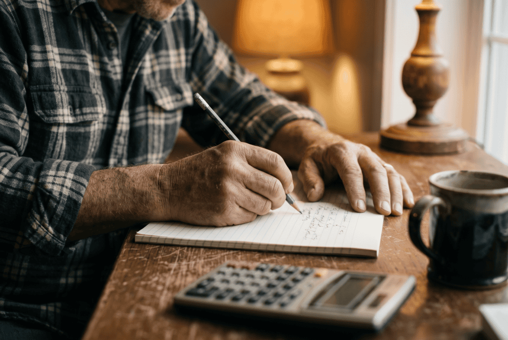 Keeping a three-column savings log in a notebook