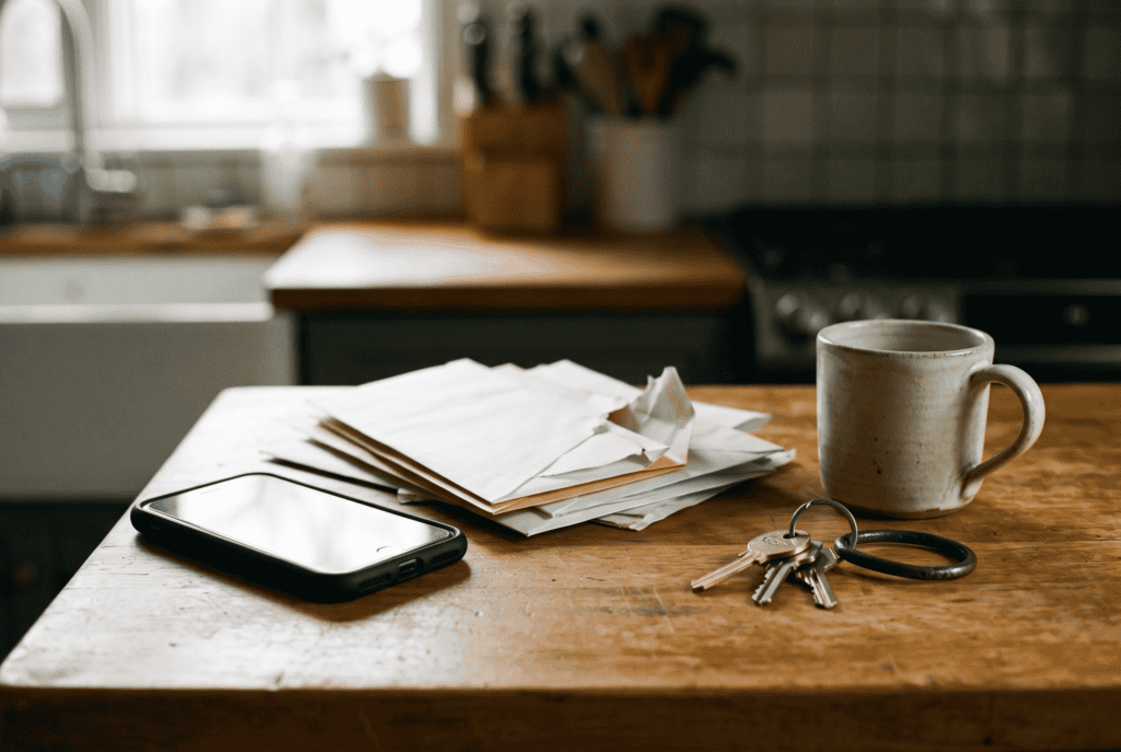Bills and a phone set face down on the kitchen counter, the starting point for an autopilot audit